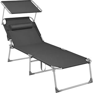 SONGMICS Lettino Prendisole Largo, Sedia a Sdraio Pieghevole, 71 x 200 x 38 cm, Max Portata 150 kg, con Poggiatesta Parasole e Schienale Reclinabile, per Terrazzo Piscina Giardino, Antracite GCB22GYV2