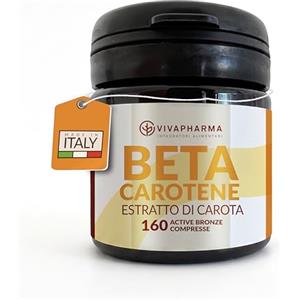 VIVAPHARMA Betacarotene per Abbronzatura Forte con Rame e Biotina, 160 Compresse (1 al Giorno), Attivatore Acceleratore, Beta Carotene da Estratto di Carota, Sostiene Pelle e Vista - Scorta 5 Mesi, Made in Italy