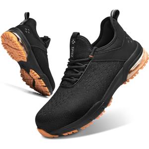 SPIEZ Scarpe di Sicurezza per Uomini e Donne - Punta composita Non in Acciaio con Cuscino d'Aria, Design Leggero da Scarpe da Ginnastica, comode da Indossare a Mani libere, Nero Arancione EU 44