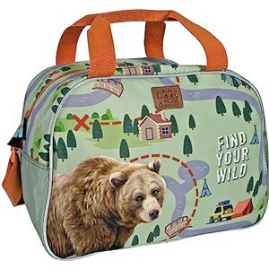 PERLETTI Borsone Palestra Bambino Ecologico con Orso - Borsa da Viaggio Duffel Bag Materiale Riciclato Verde Arancio - Borsa Sport Piscina Weekend Bambini Tracolla Regolabile - 28x41,5x21cm (Orso)