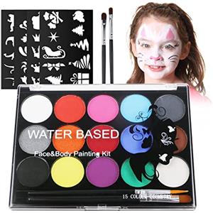URAQT Body Painting, 15 Colori Face Painting, Pittura Corpo con 32 Stampini e 2 Pennelli, Coloranti Naturale e Sicuro, Feste, Trucco Make-up, Halloween