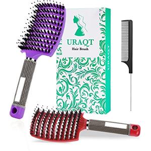URAQT Spazzola per Capelli Curva con setole di Cinghiale, 3 Pezzi Spazzola Capelli con Pettine Coda per Capelli, Adatta Styling a Capelli Lunghi, Fini, Ricci o Lisci, Crespi, Mossi (Rosso+viola)