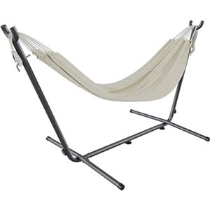 BRICOZONE Amaca con Supporto Brasiliana Tessuto Cotone 250 cm Portata 200 kg Autoportante Struttura di Sostegno in Acciaio Borsa Custodia Trasporto Spiaggia Campeggio Terrazzo Balcone Giardino Beige