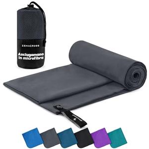 Zenacross Asciugamano Palestra con Borsa per il Trasporto - Asciugamano Microfibra a Rapida Asciugatura e Versatile - Telo Palestra Taglie M - 140 x 70 cm - Grigio Scuro
