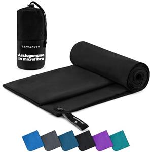 Zenacross Asciugamano Palestra con Borsa per il Trasporto - Asciugamano Microfibra a Rapida Asciugatura e Versatile - Telo Palestra Taglie M - 140 x 70 cm - Nero