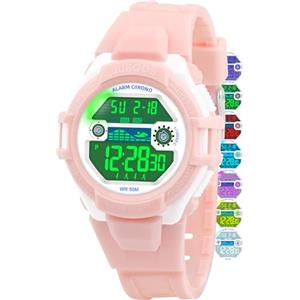 Juboos Orologio Bambina,con Cinturino Stampato e 7 Luci Colorate,Orologio Digitale Impermeabile per Bambini con Orecchie da Gatto per Ragazzo e Ragazza da 4 a 12 Anni