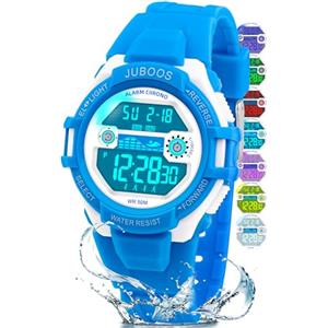Juboos Orologio Bambina,con Cinturino Stampato e 7 Luci Colorate,Orologio Digitale Impermeabile per Bambini con Orecchie da Gatto per Ragazzo e Ragazza da 4 a 12 Anni (Bianco blu)