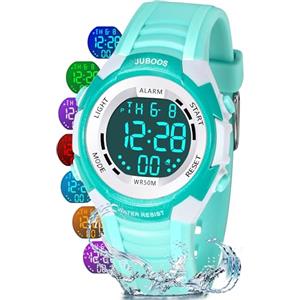 Juboos Orologio Bambina,con Cinturino Stampato e 7 Luci Colorate,Orologio Digitale Impermeabile per Bambini con Orecchie da Gatto per Ragazzo e Ragazza da 4 a 12 Anni (Verde chiaro - bianco)