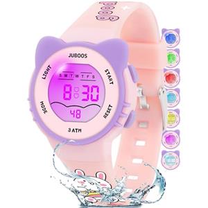 Juboos Orologio Bambina,con Cinturino Stampato e 7 Luci Colorate,Orologio Digitale Impermeabile per Bambini con Orecchie da Gatto per Ragazzo e Ragazza da 4 a 12 Anni (rosa)