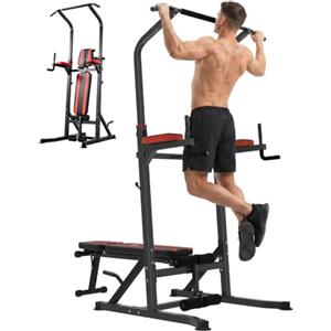 HOMCOM Power Tower Pieghevole, Panca Piana Regolabile, Rack Palestra | Multifunzione, Barre per Dip e Trazioni, Altezza Regolabile 7 Livelli, in Acciaio, Allenamento Fitness Casa Palestra