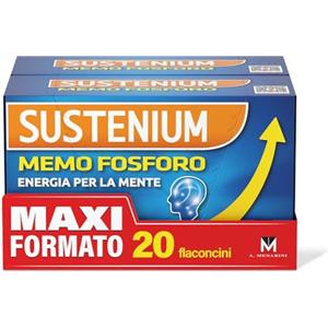 Sustenium Memo Fosforo - Integratore alimentare a base di Fosfoserina, Glutammina, Vitamina B6 ed Eleuterococco. Aroma di fragola. Confezione da 20 flaconcini (10ml)