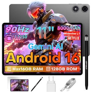 TECLAST P50T Android 16 Tablet 11 Pollici Gemini AI, 90Hz Display, T7250 2GHz Octa Core Gaming Tablets, 16GB RAM+128GB ROM(5TB TF), 8000mAh, Widevine L1, 5G WiFi 6, GPS/13MP/OTG, 2026 Tablet Con Penna