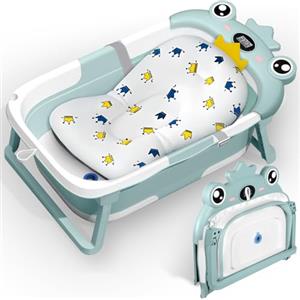 ZHHGOO Vaschetta Bagnetto Neonato Pieghevole, Vasca Neonato Bagnetto con Termometro E Cuscino Staccabile, Bagnetto Neonato per Portatile, Vasca da Bagno per Neonato A Bambino 0-36 Mesi (Verde)
