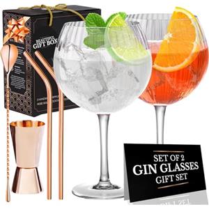 VEMACITY Set Bicchieri Gin Tonic | 2 Bicchieri a Palloncino con Effetto Increspato (550ml) | Cucchiaio Bar, Misurino e 2 Cannucce Roségold | Elegante Kit Gin Tonic Regalo | Ideale per Fare un Regalo