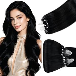 Hetto extension Microring Capelli Veri Nero 40cm 50Ciocche | 100% Remy umani, Micro anello senza colla né calore. Invisibile e riutilizzabile. Per matrimonio e uso quotidiano