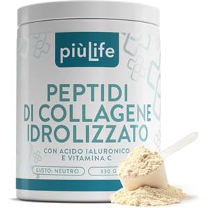+LIFE Peptidi di Collagene Idrolizzato in polvere Tipo 1 - 330g con acido ialuronico e vitamina C PiùLife - Integratore collagene bovino puro da bere - Per pelle, capelli, unghie e articolazioni