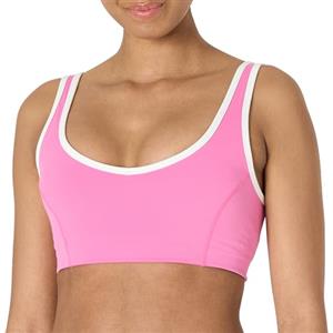 Amazon Essentials Reggiseno Sportivo Tecnico in FormFlex Morbidissimo, Sostegno Leggero con Scollo a V, con Bordatura a Contrasto Donna, Bianco/Rosa Fenicottero, M