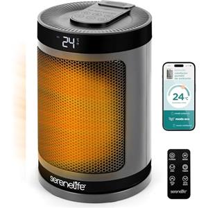 SereneLife Termoventilatore e Stufetta Elettrica da Bagno, 1500 Watt PTC Ceramico Wi-Fi Telecomando Timer 12 h 15 x 15 x 24 cm, Casa e Ufficio, Grigio, Capacità Flusso Aria Elevata, SLSPCHTRW3GY