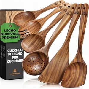 Woodenhouse Set Utensili Cucina Legno, Mestoli in Legno, Schiumarola, Wok, Attrezzi Cucina Antigraffio, Fatti a Mano, Resistenti al Calore, 6 pezzi