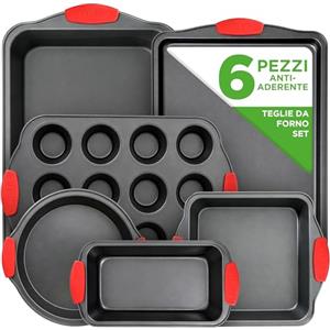 NutriChef Set 6 Teglie da Forno Antiaderente, Acciaio con Maniglie Rosse in Silicone, Adatto Fino a 230°C, Include Teglie Pane, Muffin, Biscotti
