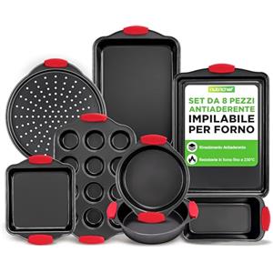 NutriChef Set da 8 Teglie da Forno con Manici in Silicone Rosso, Teglie Forno Antiaderenti in Metallo Professionale, Rivestimento Grigio Interno ed Esterno