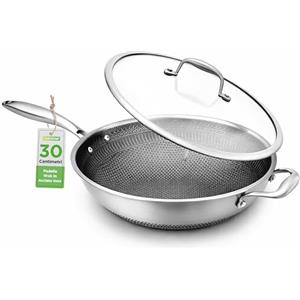 NutriChef Wok da 30,5 Centimetri in Acciaio Inossidabile, Wok Antiaderente con Coperchio in Vetro e Manico Laterale, Rivestimento DAKIN Inciso, Pattern Testurizzato al Fuoco e Resistente ai Graffi