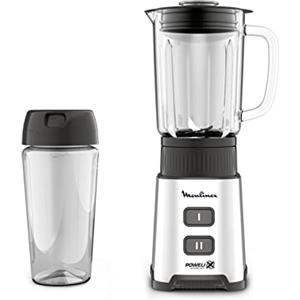 Moulinex LM17GD10 Pulseo Frullatore con Bottiglia da Viaggio 600 ml, Potenza 400W, Capacità 0.7 Litri, Tecnologia Powelix, Frullatore Elettrico con 2 Velocità e Vaso in Vetro Termoresistente