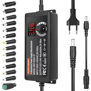 RWSRW 24 V Alimentatore Universale 72 W AC/DC Adattatore di Alimentazione Regolabile con 14 punte DC e Cavo di polarità inversa Caricabatterie universale per elettronica, 3000 mA Max.