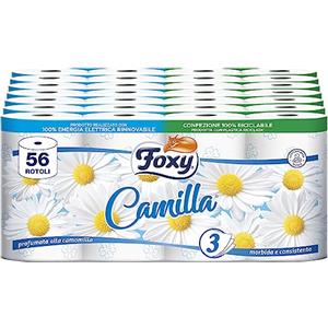 Foxy Camilla | Carta igienica 3 veli profumata alla camomilla | 56 rotoli | 160 strappi per rotolo | Carta certificata PEFC | Confezione riciclabile