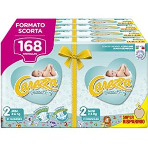 CAREZZA Welcome Baby Mini, Pensato piccolo per i più piccoli, Taglia 2 (3-6 kg), 168 pannolini. (Progettato specificamente per essere piccolo)