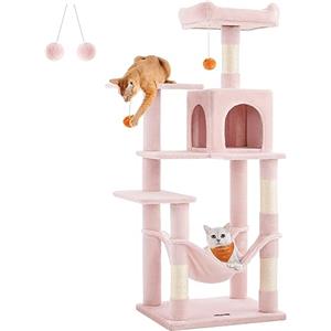 Feandrea Albero per Gatti Alto 143 cm, Tiragraffi per Gatti, con 4 Pali Graffiatoi, 2 Posatoi, 1 Grotta, 1 Amaca, 2 Pompon, in Peluche a Più Livelli, Rosa Pastello PCT161P01