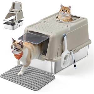 Feandrea Lettiera per Gatti in Acciaio Inossidabile con Coperchio Ribaltabile, Lettiera Chiusa XL Anti Perdite, Paletta, Spazzola, Doppio Ingresso, per Gatti fino a 15 kg, Beige Cappuccino PPT005K01