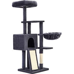 FEANDREA Albero per Gatti, Tiragraffi Piccolo da 135 cm, Condominio per Gatti in Peluche a più Livelli con Copertura per Trespolo Rimovibile Lavabile, Graffiatoio, Cesto, Grotta, Grigio Scuro