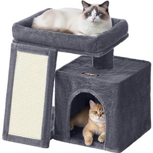 Feandrea Albero per Gatti Piccolo, Torre Tiragraffi per Gatti con Casetta, Rampa Graffiatoio Grande, Cuccia Superiore, Grotta, Alto 44,6 cm, Grigio Scuro PCT010GS01