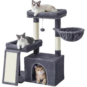 Feandrea Albero per Gatti con 2 Letti Grandi, Tiragraffi con Pali e Rampa Graffiatoio, Alto 85,8 cm, Grigio Scuro PCT013GS01