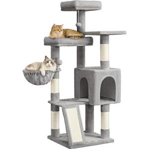 Feandrea Albero Tiragraffi, Torre per Gatti con Pali e Rampa Graffiatoio, 3 Grandi Piattaforme, 1 Cuccia, 1 Cestino, 2 Pompon, Altezza 136 cm, Grigio Tortora PCT012GD01