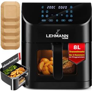 LEHMANN Friggitrice ad Aria 8 Litri, Air Fryer XXL con Inserto Divisorio per Doppio Scomparto, Finestra di Visualizzazione, 12 Programmi & Regolazione Manuale 76-200°C, Lavabile in Lavastoviglie