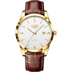 LIGE Orologio Vintage Uomo Elegante Analogico Quarzo Classico Wrist Watches For Men Impermeabile In Vera Pelle Pointer Luminoso Business Orologio Da Polso Uomo Con Data,Oro Bianco