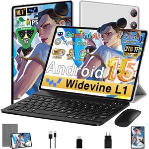 UJJ Tablet Android 15 Tablet con Gemini AI, 64GB ROM +2TB TF, 5G WiFi, Octa-Core, Bluetooth 5.0, 5MP+8MP, 1280*800 FHD IPS, GMS Certificazione, Widevine L1, Tablet 10 Pollici con Tastiera e Mouse, Argento