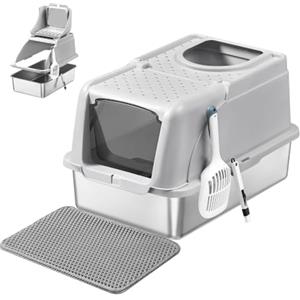 Feandrea Lettiera per Gatti Chiusa in Acciaio Inox, Anti Odore, Doppio Ingresso, con Tappetino e Paletta, 61 x 40 x 36,5 cm, Grigio Tortora, Collezione BOXAL PPT005G201