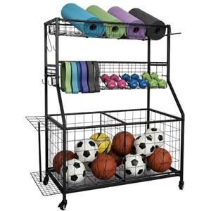 Relaxdays Carrello porta attrezzi sportivi, metallo, nero