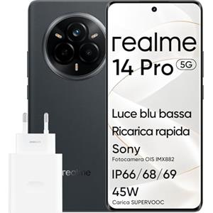 realme Smartphone 14 Pro 5G, 8+256 GB, schermo curvo 3D 6,77 120 Hz, fotocamera Sony IMX882 OIS, processore Dimensity 7300, protezione IP69, batteria 5260 mAh, con adattatore, colore grigio