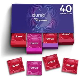 Durex Fun Explosion Mix di Preservativi Sottili, Con Rilievi e Nervature e Aromatizzati alla Fragola, 40 Profilattici, Esclusiva Online