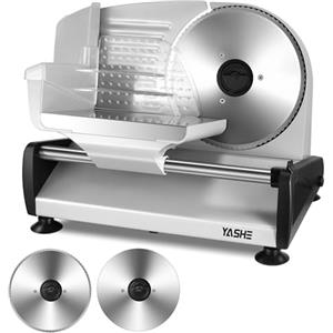 YASHE Affettatrice Elettrica, Affettatrice da Carne e Pane da 250W con Lame Seghettate e Lisce da 19 cm, Spessore Regolabile (0-15 mm), Blocco di Sicurezza, Piedini Antiscivolo, Facile da Pulire