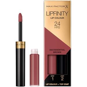 Max Factor Lipfinity Lip Colour Rossetto a Lunga Durata 2 in 1 con Finish Lucido, Rossetto Liquido e Balsamo Idratante per Labbra Morbide e Lucenti - 350 Essential Brown, 2,3 ml + 1,9 g