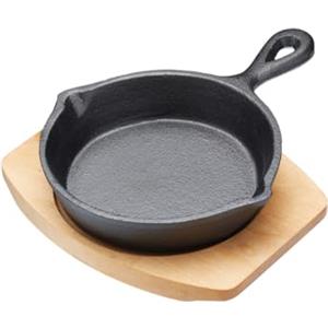 Artesa Mini padella in ghisa con tagliere in legno, griglia e supporto per fajitas, barbecue, frittata, tapas e dessert, 15 x 3 x 20 cm, rotonda, nera