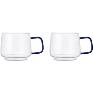 La Cafetière - Set di 2 tazze in vetro borosilicato resistente al calore, con manico in vetro blu, eleganti tazze per tè, caffè, cioccolata calda, impilabili, lavabili in lavastoviglie, 275 ml