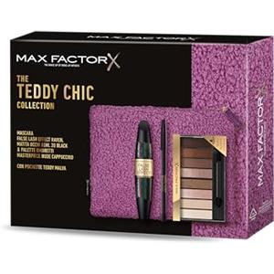 Max Factor, Cofanetto Regalo Donna Teddy Chic, Pochette in tessuto teddy con Mascara False Lash Effect Raven Black + Matita Occhi Khol Kajal 20 Black + Palette Ombretti Masterpiece Nude Cappuccino