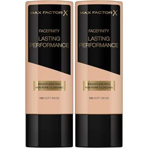 Max Factor, Lasting Performance Fondotinta Liquido, Alta Coprenza, Finish Matte E Lunga Durata, 105 Soft Beige, 35 Ml (Confezione da 2)