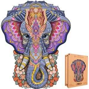 Lubiwood Elefante mistico Deluxe Puzzle in Legno a Forma Unica di Animale (29x21 cm) - Progettato in Europa, Incoraggia la Concentrazione, Fornito con Scatola Regalo in Legno